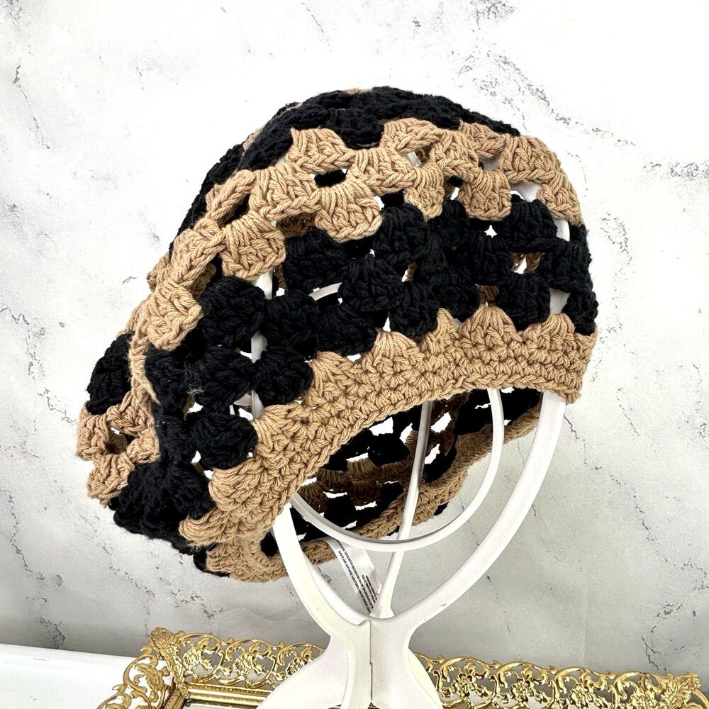 Vtg Style Crochet Granny Square Beanie Hat Boho Slouchy Skull Cap Black Tan Knit - Picture 2 of 7